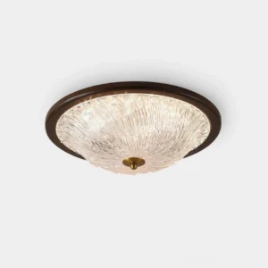 Modern ripple ceiling light fixture with dark wooden frame and ribbed clear acrylic dome - flush mount design top view