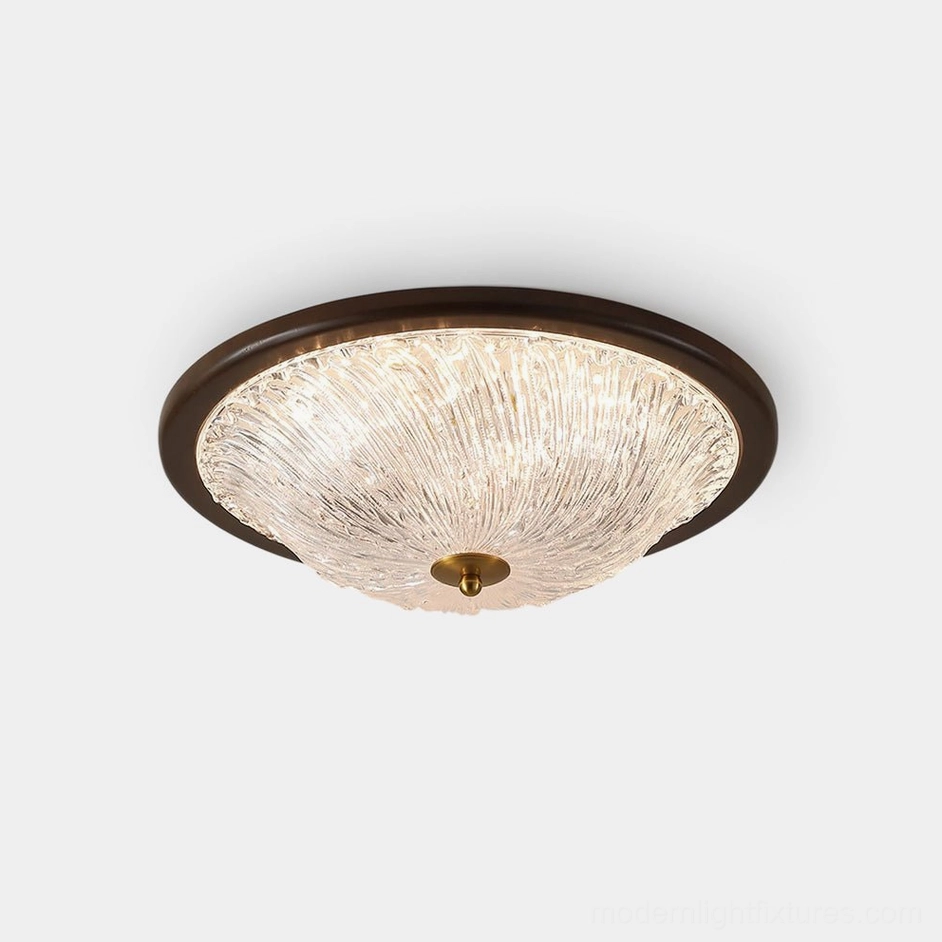 Modern ripple ceiling light fixture with dark wooden frame and ribbed clear acrylic dome - flush mount design top view