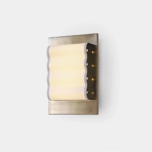 Ripple Edge modern wall sconce with brushed silver metal frame and wavy frosted acrylic shade on white background