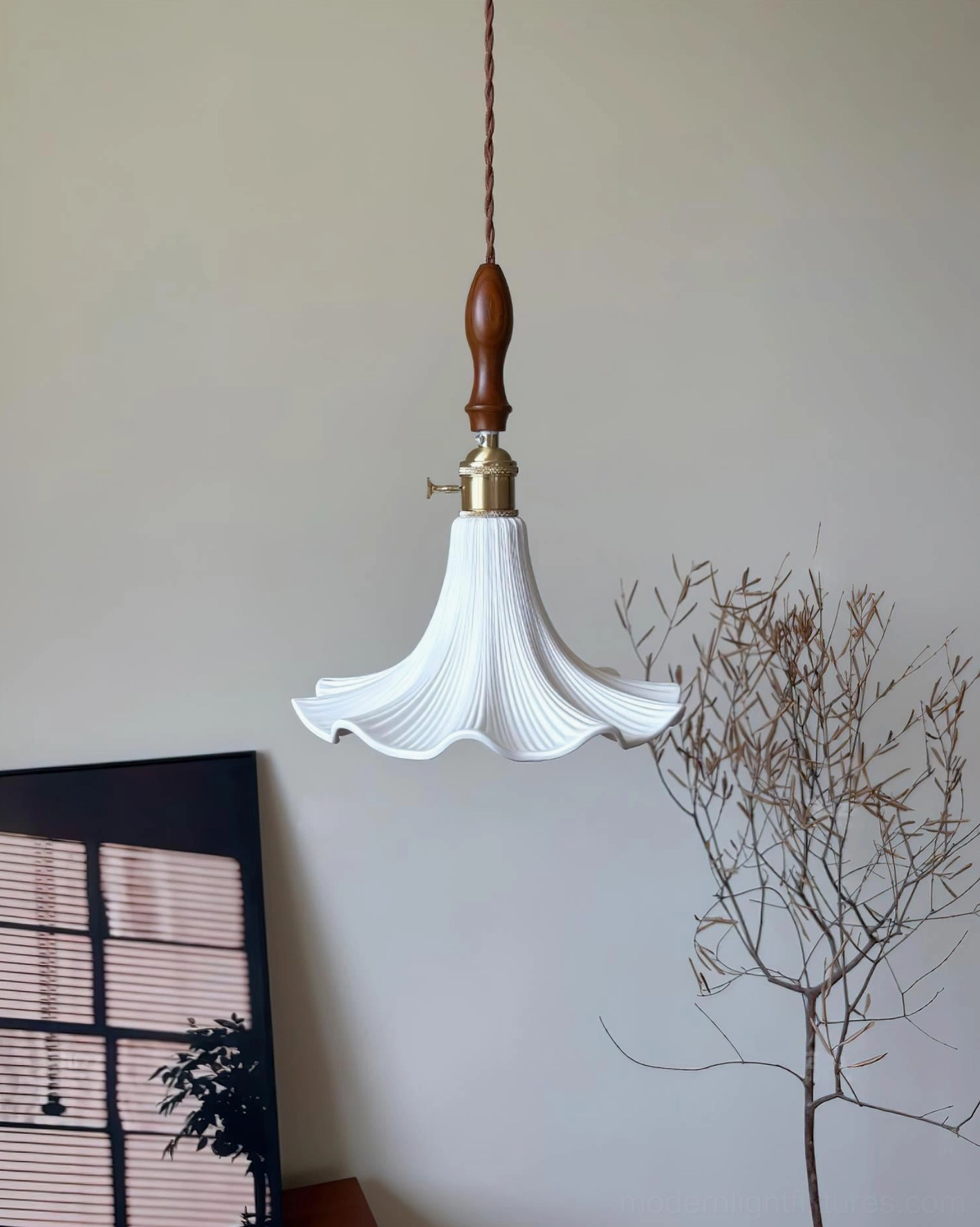 Florin Ripple flower-shaped pleated pendant light fixture detail showing ceramic shade craftsmanship and brass hardware components