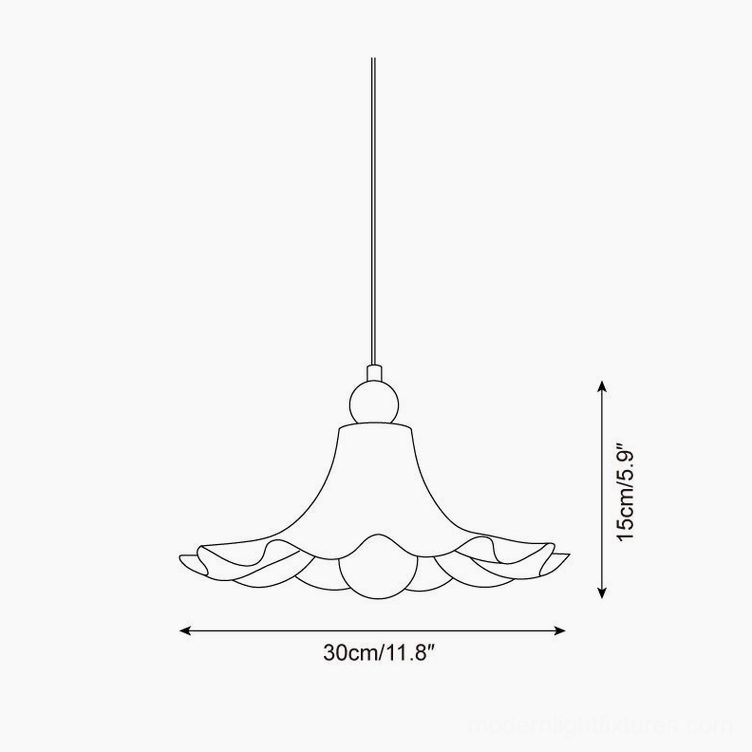 Florin Ripple Model A medium ceramic pendant light technical schematic, 30cm diameter 15cm height wide flared shade design