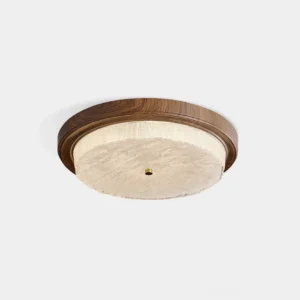 Ripple wood ceiling light fixture with walnut base and textured glass diffuser - modern LED flush mount overhead view
