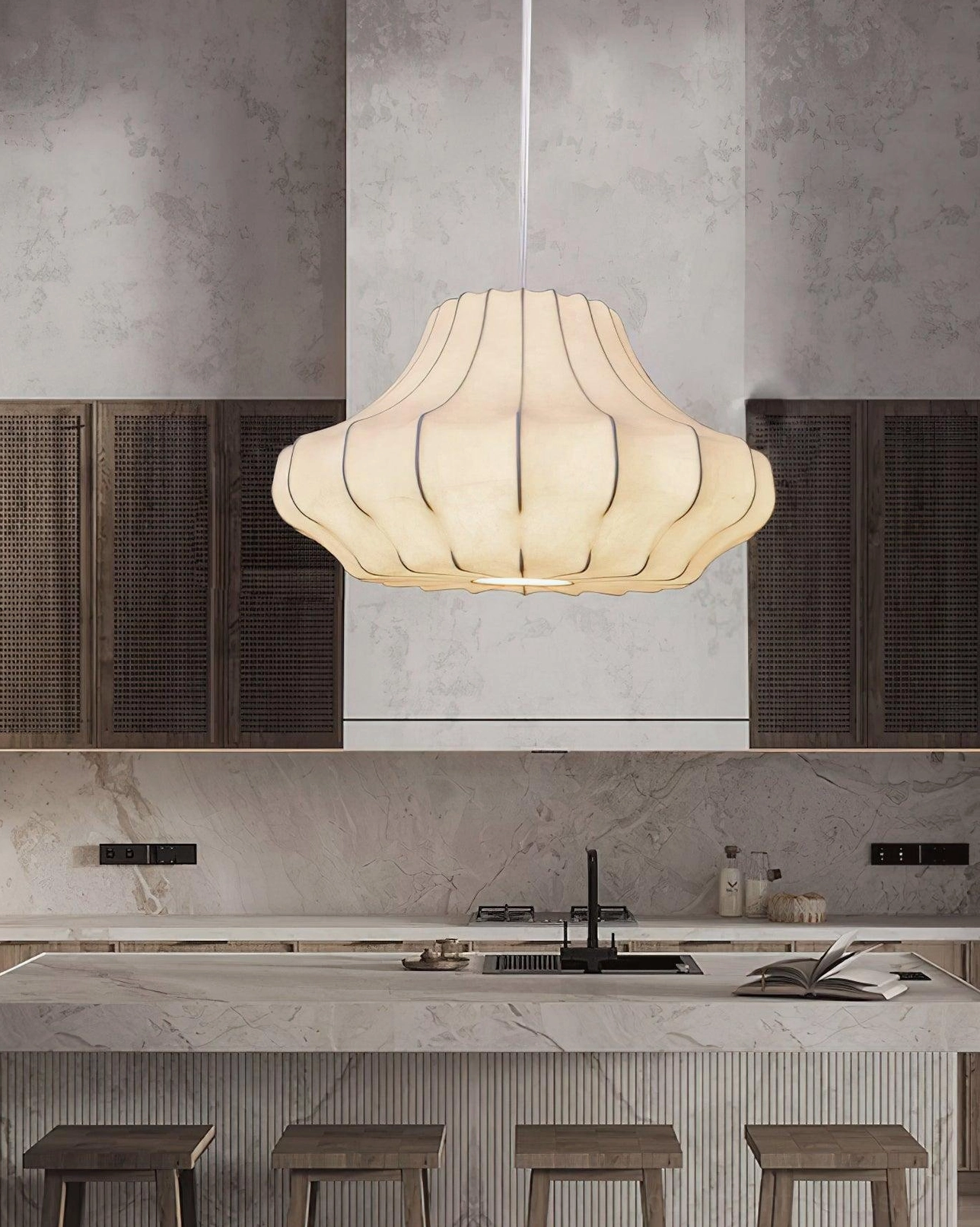 Rippled fabric pendant shade - contemporary dining room focal lighting