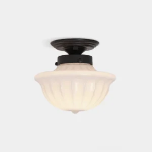 Ritten vintage semi-flush ceiling light with ribbed opal glass shade and matte black metal base front view