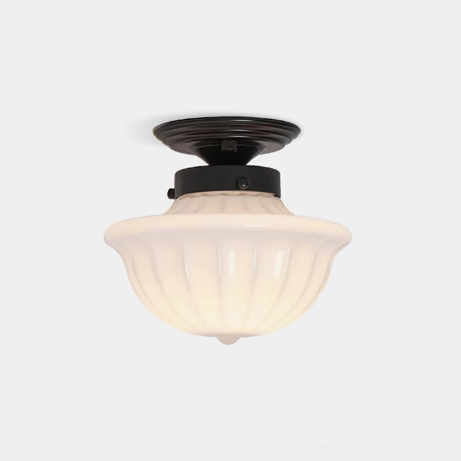Ritten vintage semi-flush ceiling light with ribbed opal glass shade and matte black metal base front view