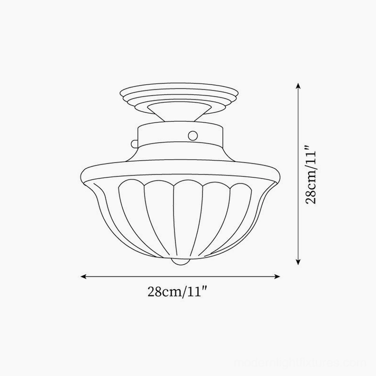 Ritten ceiling light technical schematic showing 28cm diameter and ribbed glass design specifications