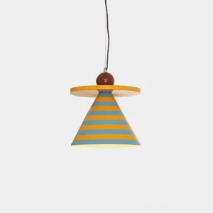 Riva striped yellow and blue conical modern pendant light, front hanging view with studio white background