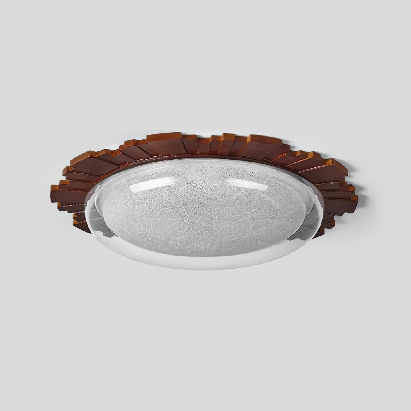 Rivara ceiling fixture in warm white, Dia 50cm x H 6cm, walnut color wood frame with clear frosted glass dome