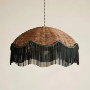 Rivara boho pendant lamp three-quarter angle showing detailed rattan weave and black tassel trim fringe
