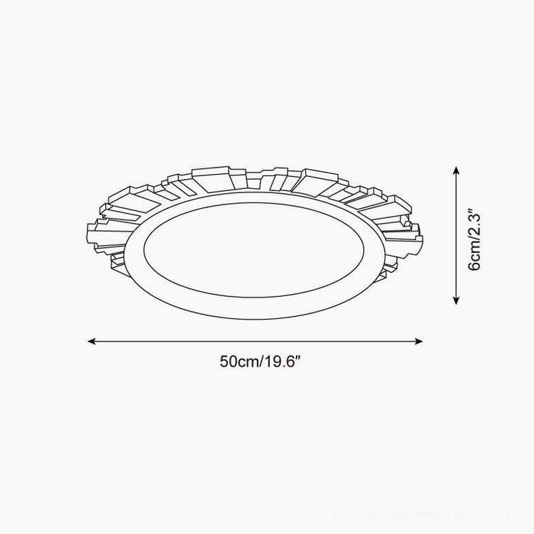 Rivara ceiling light technical dimensions schematic, 50cm diameter x 6cm height sunburst design blueprint