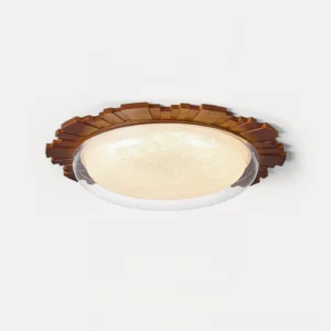 Rivara modern ceiling fixture angled view highlighting frosted glass dome texture and walnut wood sunburst frame detail