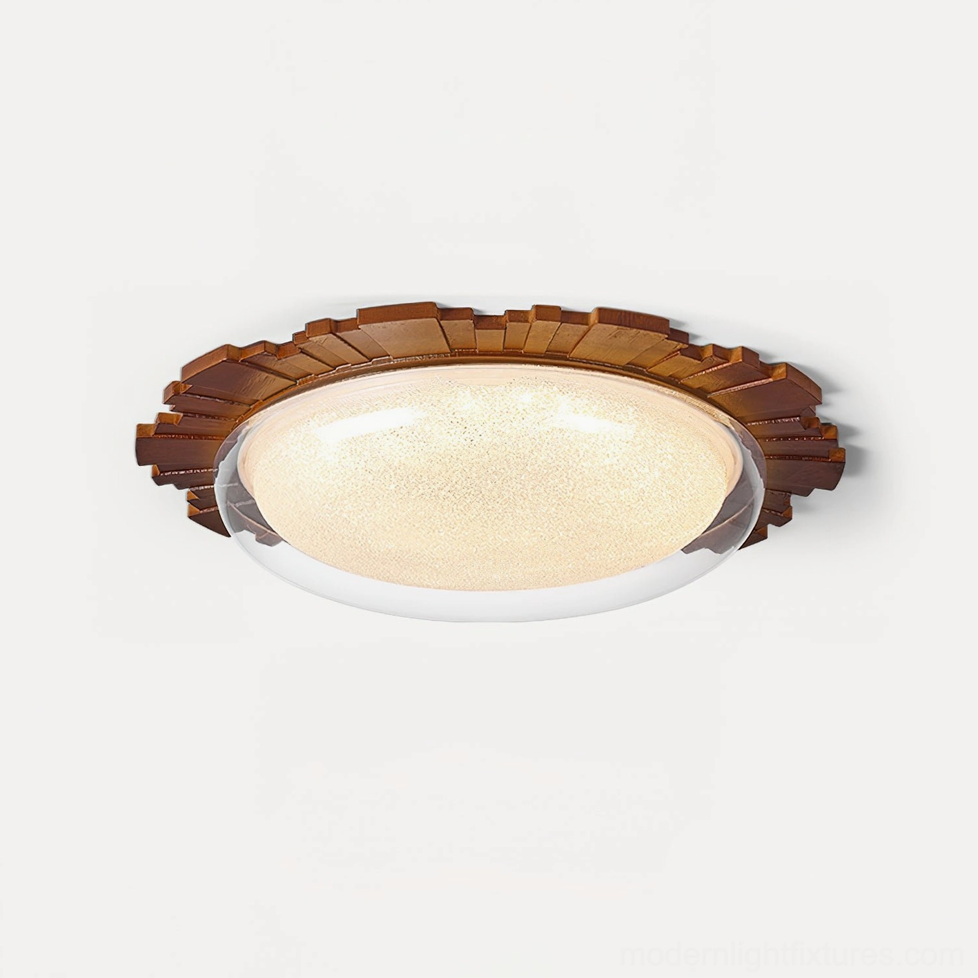 Rivara modern ceiling fixture angled view highlighting frosted glass dome texture and walnut wood sunburst frame detail