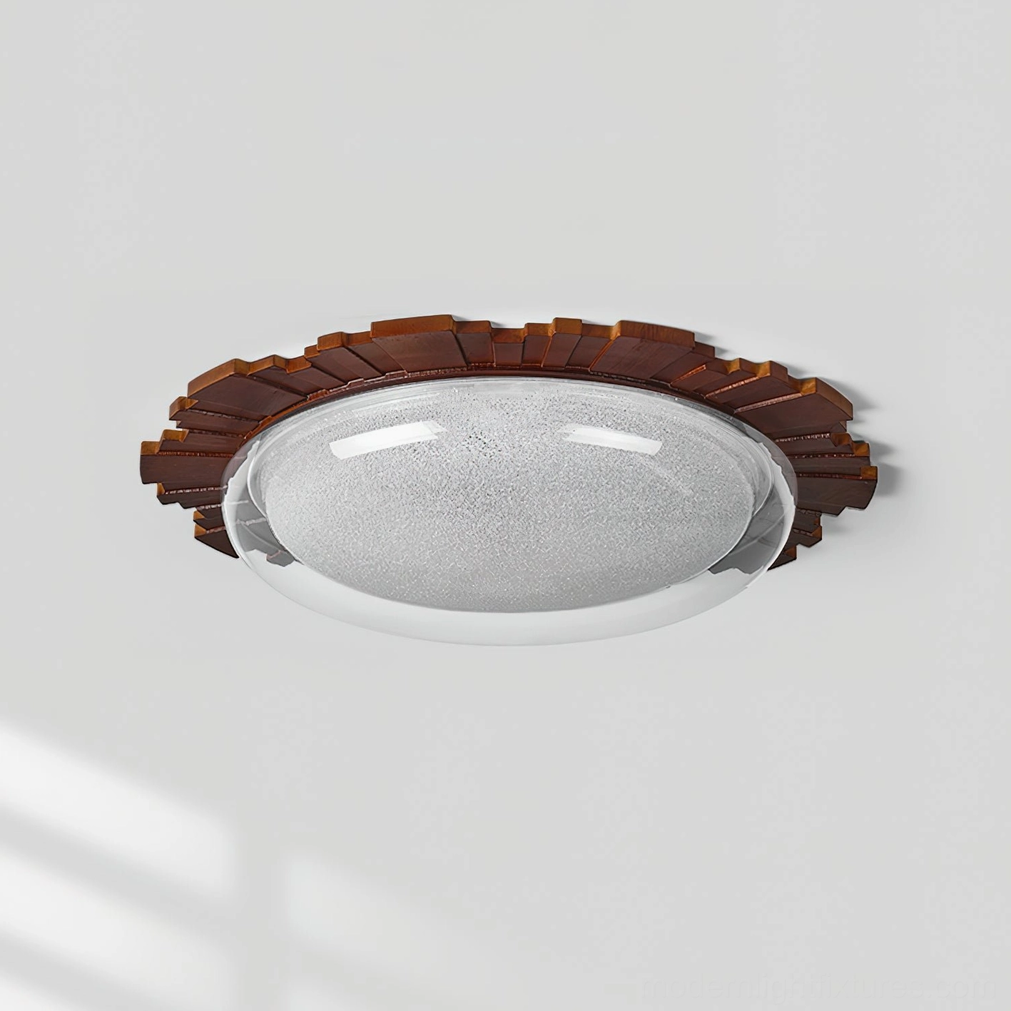 Rivara unlit ceiling fixture front view showing frosted crystal sand glass dome and detailed wooden sunburst frame construction
