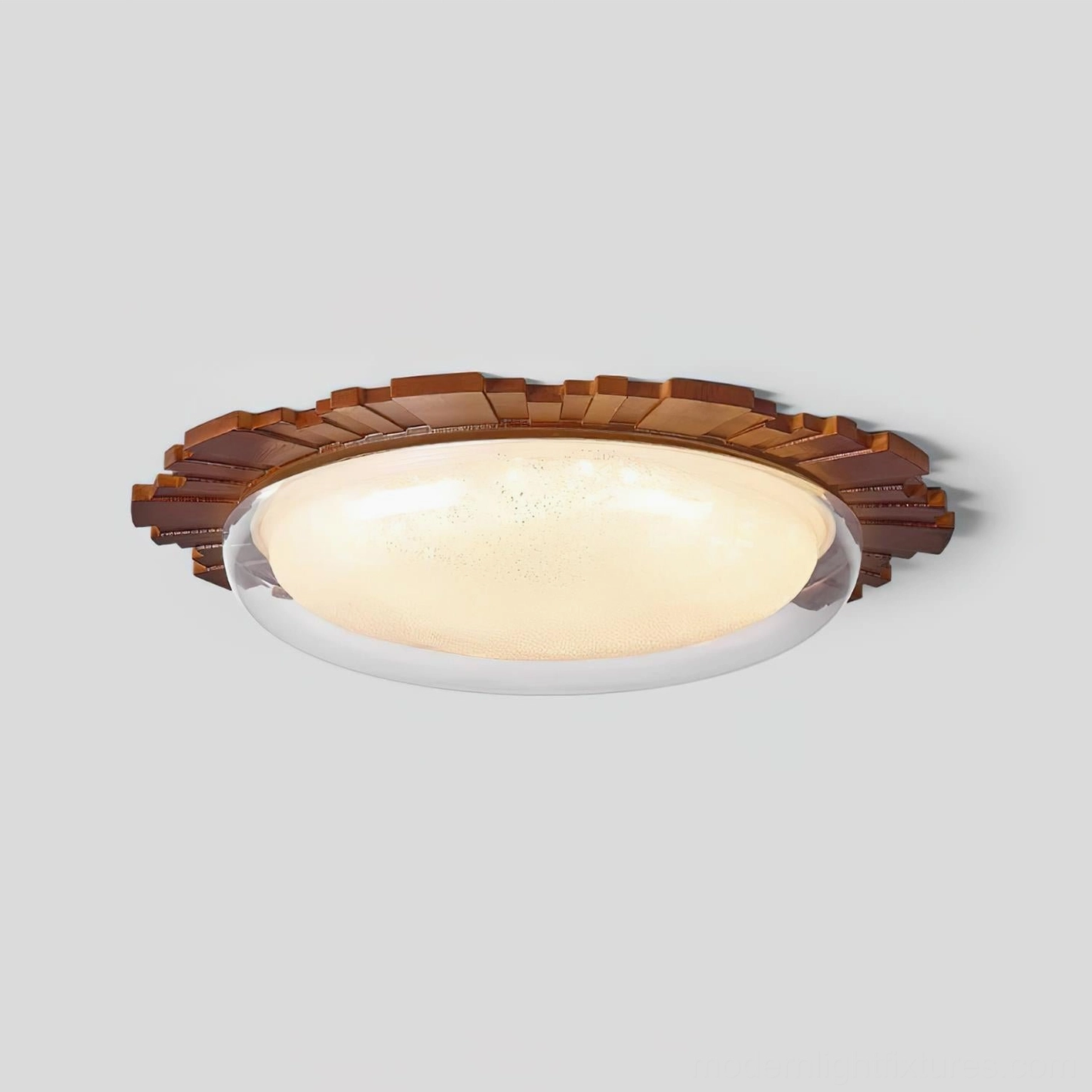 Rivara modern ceiling light fixture overhead installation view, integrated LED sunburst design creating ambient room lighting