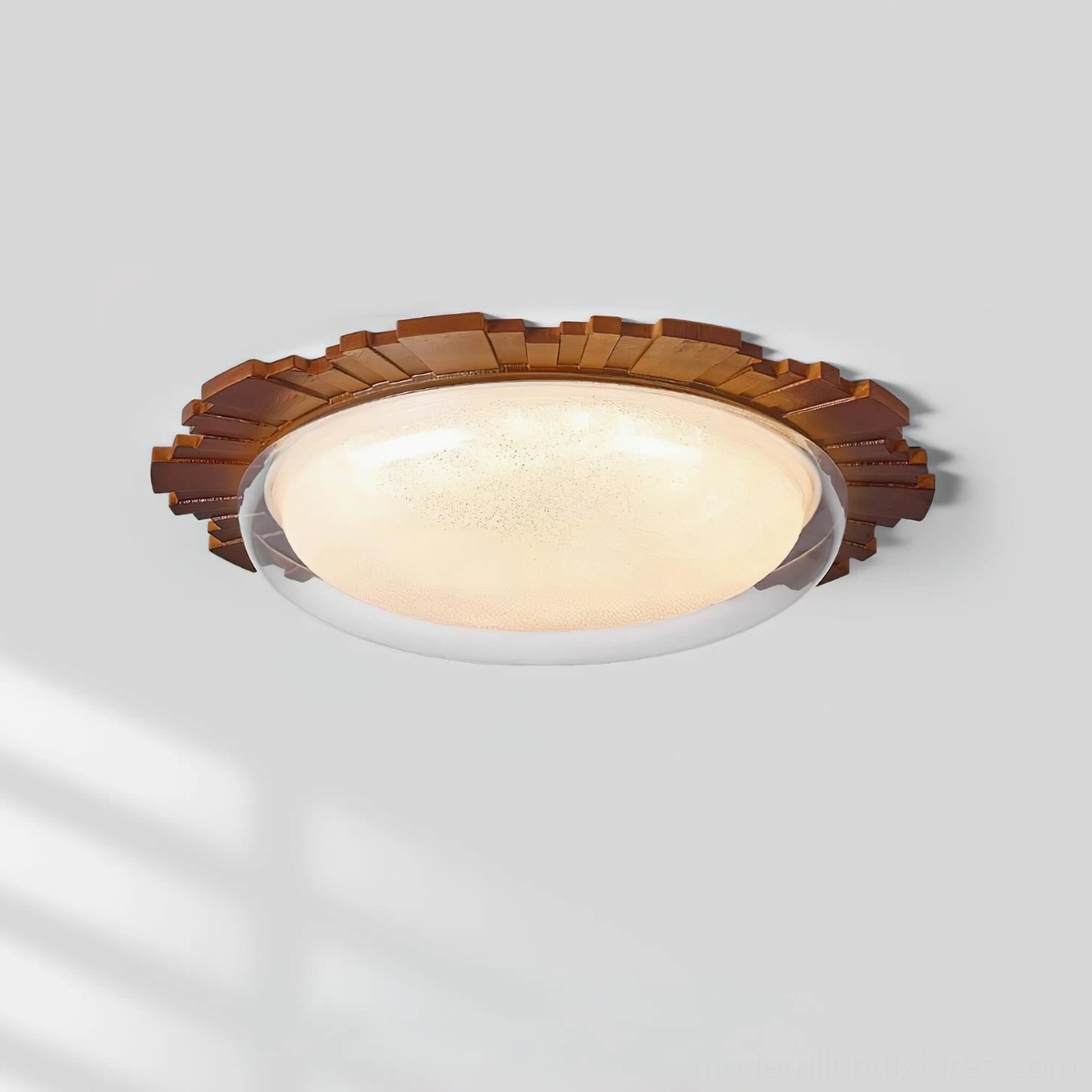Rivara angled studio view of ceiling lamp with warm LED illumination, frosted glass softly diffusing light