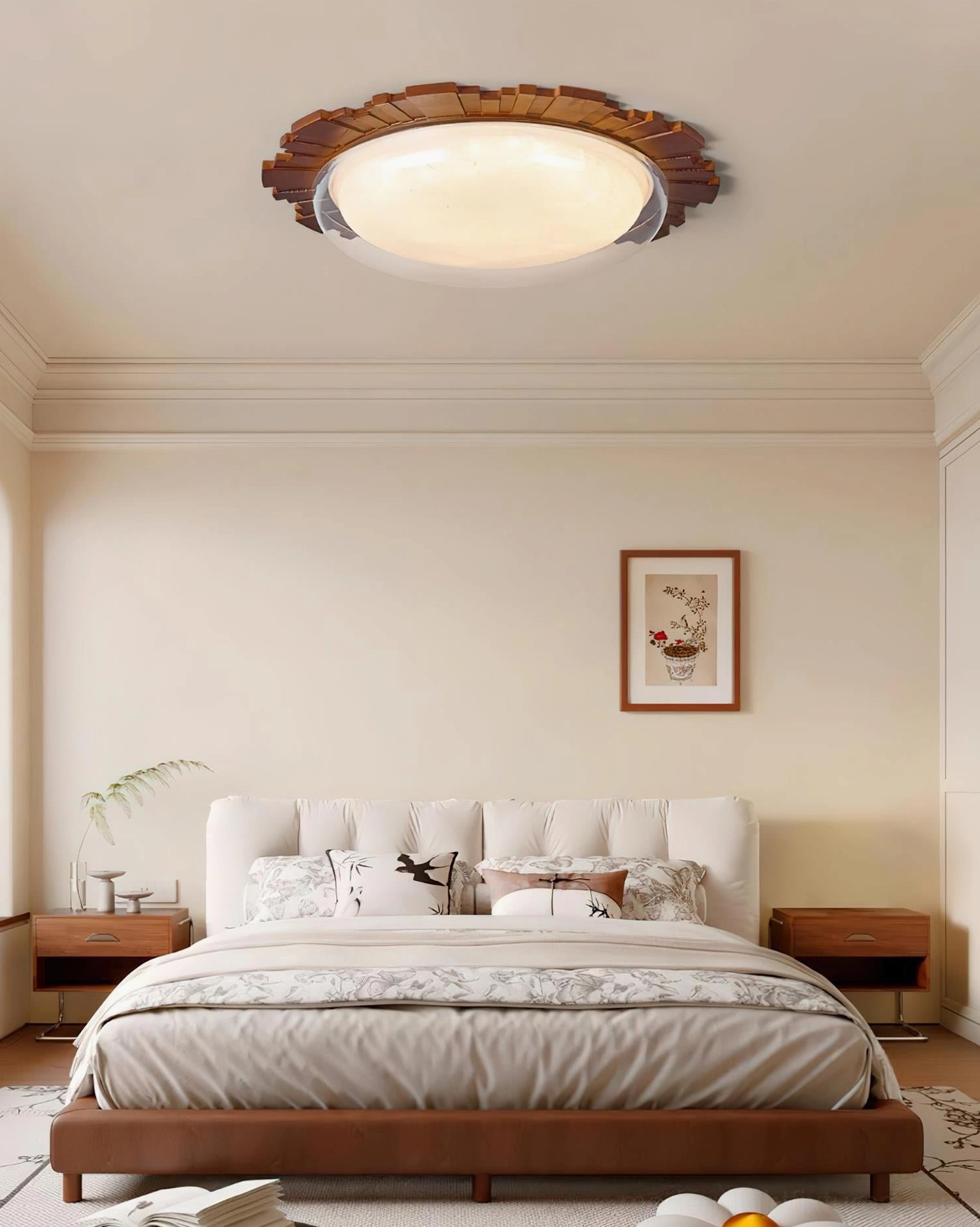 Rivara minimalist ceiling light in neutral bedroom, overhead view showing warm white 3000K LED glow in contemporary space