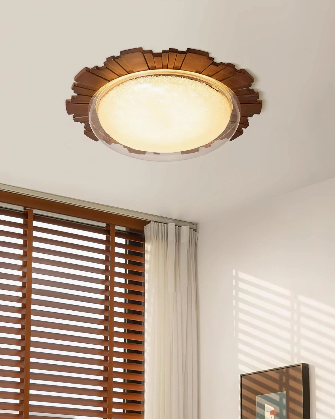 Rivara contemporary ceiling fixture in bedroom with wood blinds, lit sunburst lamp creating cozy bedroom ambiance