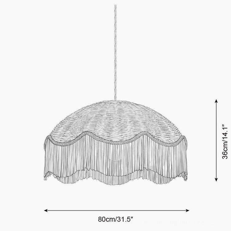 Rivara extra large 80cm rattan tassel pendant lamp technical drawing and dimensions ortho