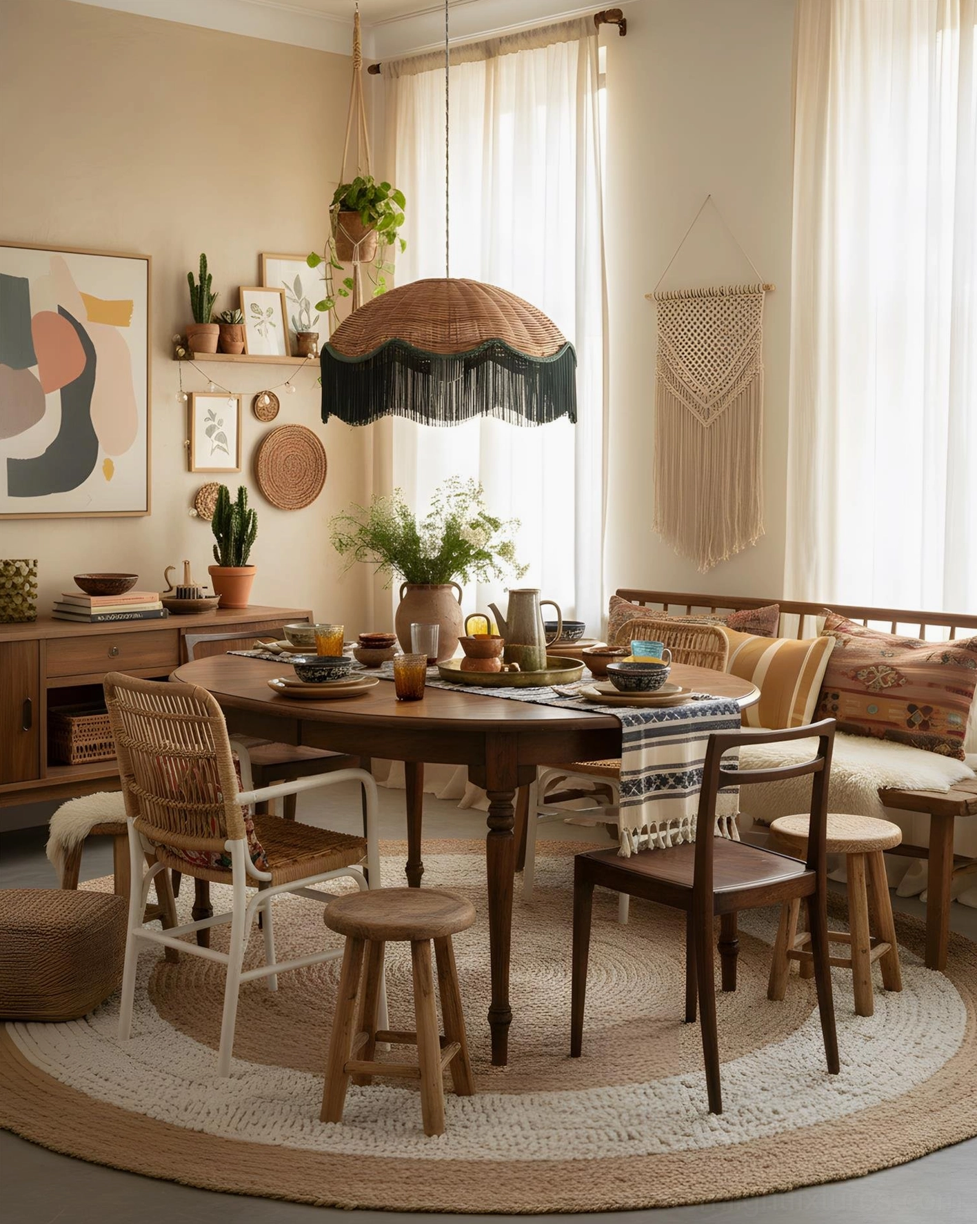 Rivara boho rattan tassel pendant lamp ambient lighting detail showing warm glow and texture