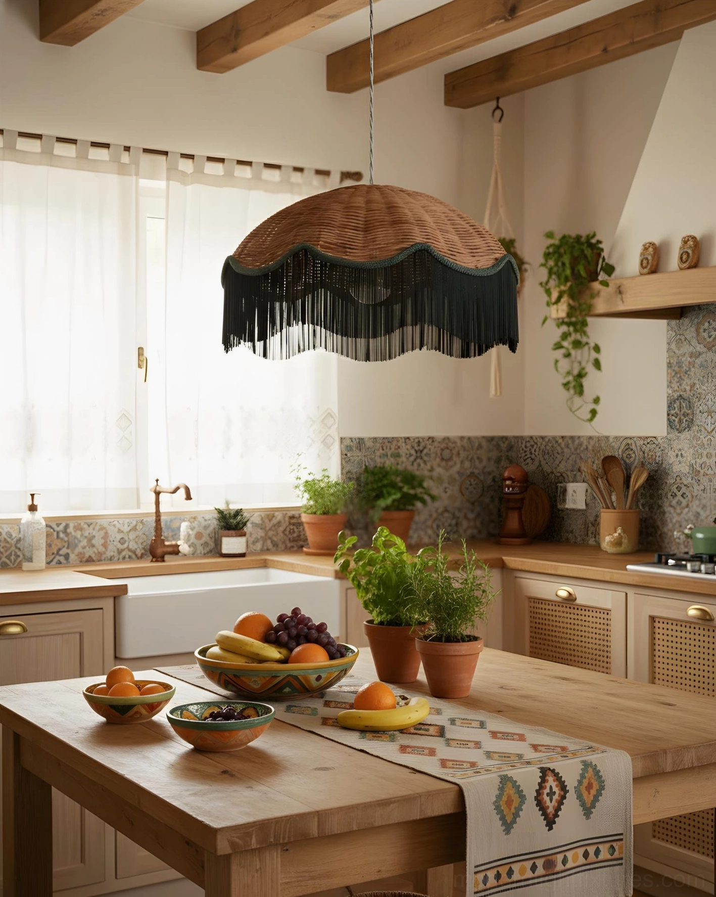 Rivara rattan pendant light hanging in farmhouse kitchen dining space with warm wooden decor