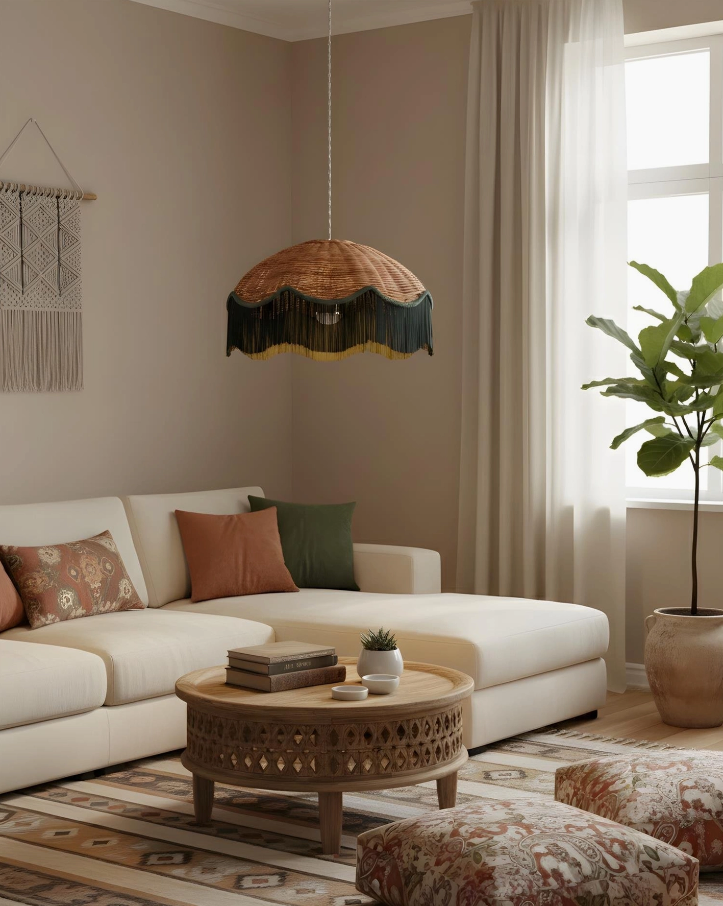 Rivara hand-woven rattan pendant lamp green color option boho style lighting fixture