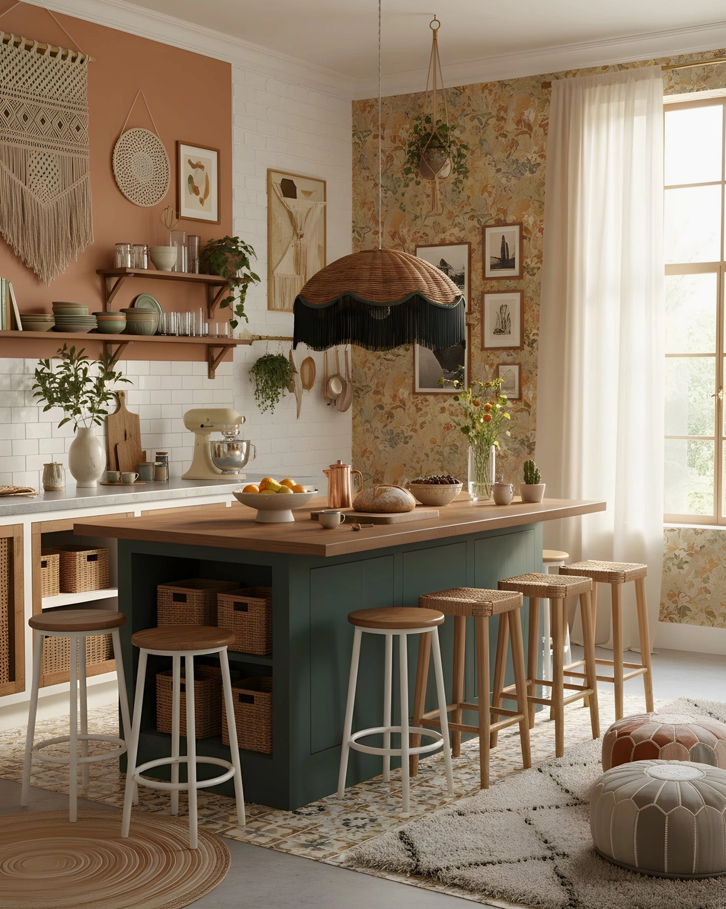 Rivara boho pendant lamp hanging installation showing cord length and ceiling mount detail