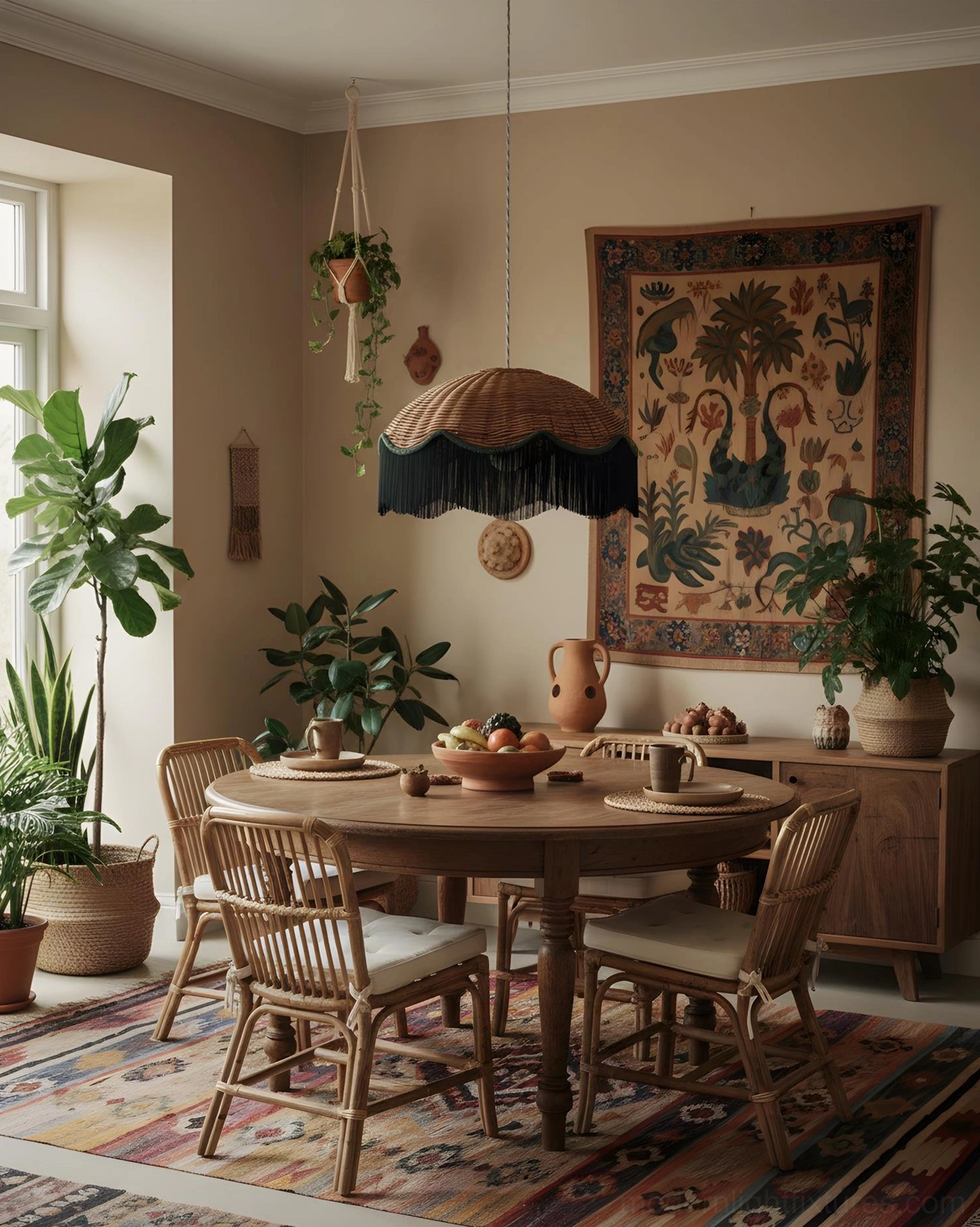 Rivara hand-woven rattan pendant lamp above round wooden dining table in vintage boho room setting