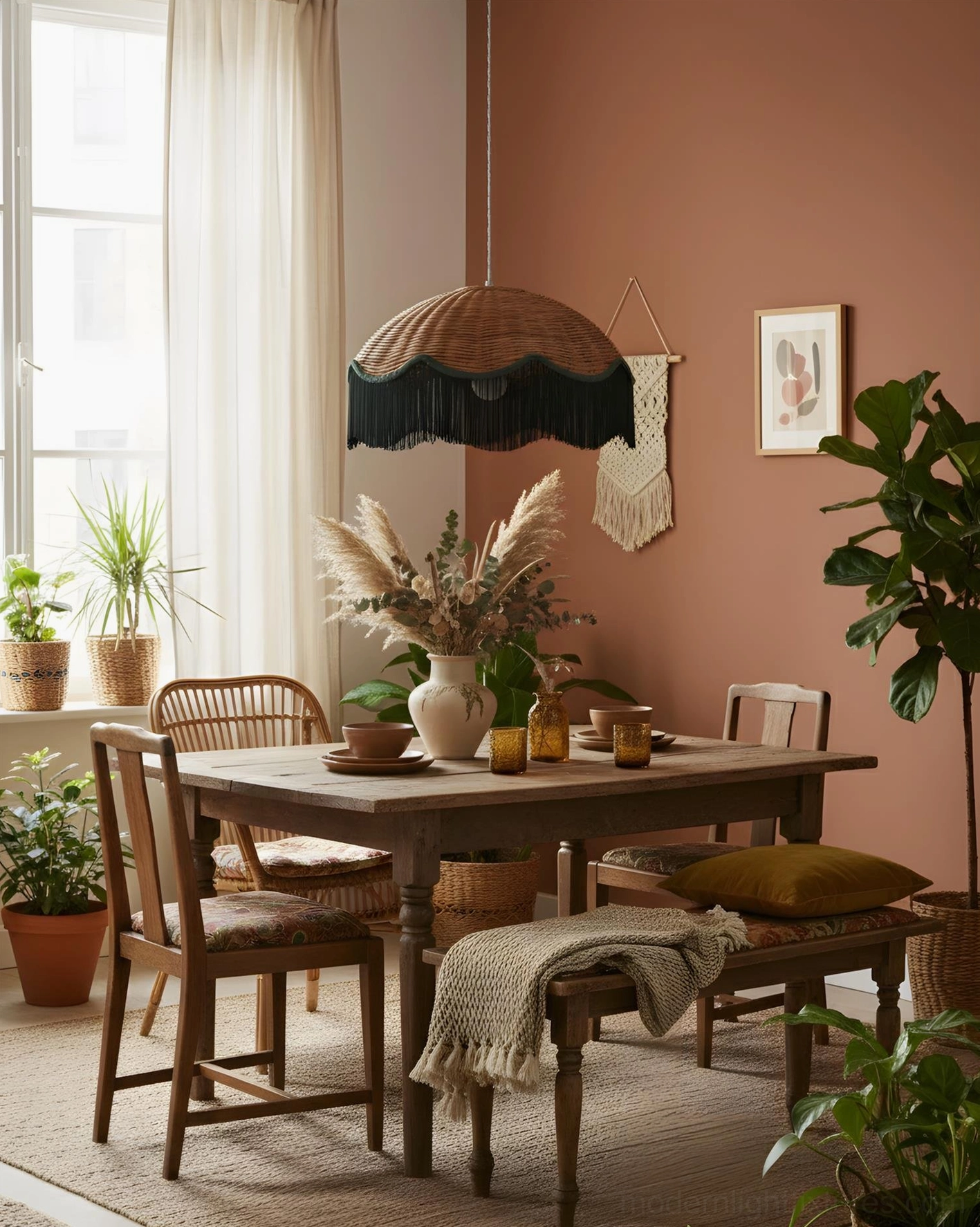 Rivara hand-woven rattan pendant light in terracotta dining nook with wooden furniture boho aesthetic