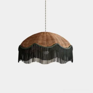 Rivara rattan tassel pendant lamp front view - hand-woven boho light fixture with scalloped fringe edge