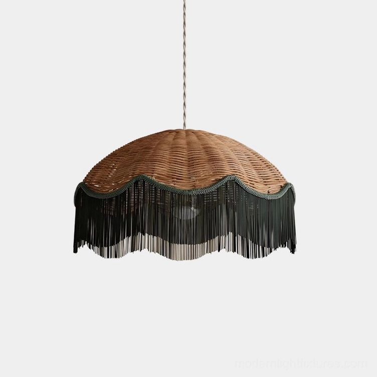 Rivara rattan tassel pendant lamp front view - hand-woven boho light fixture with scalloped fringe edge