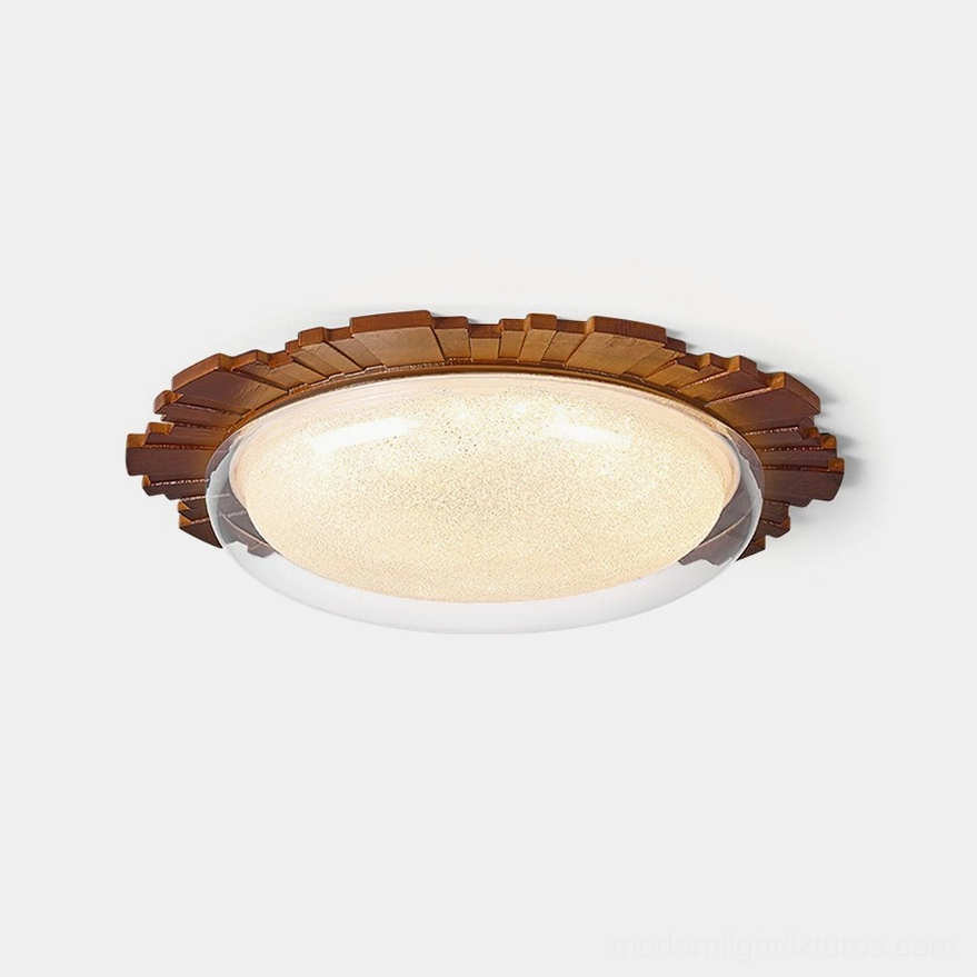 Rivara sunburst wooden ceiling light with warm LED glow, front studio view showing detailed radiating wood frame design