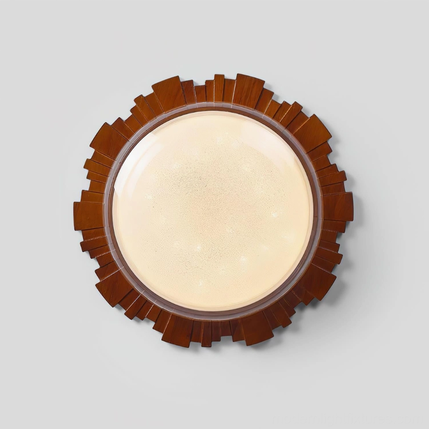 Rivara contemporary walnut wood ceiling light with frosted glass dome, full fixture overview showing modern design