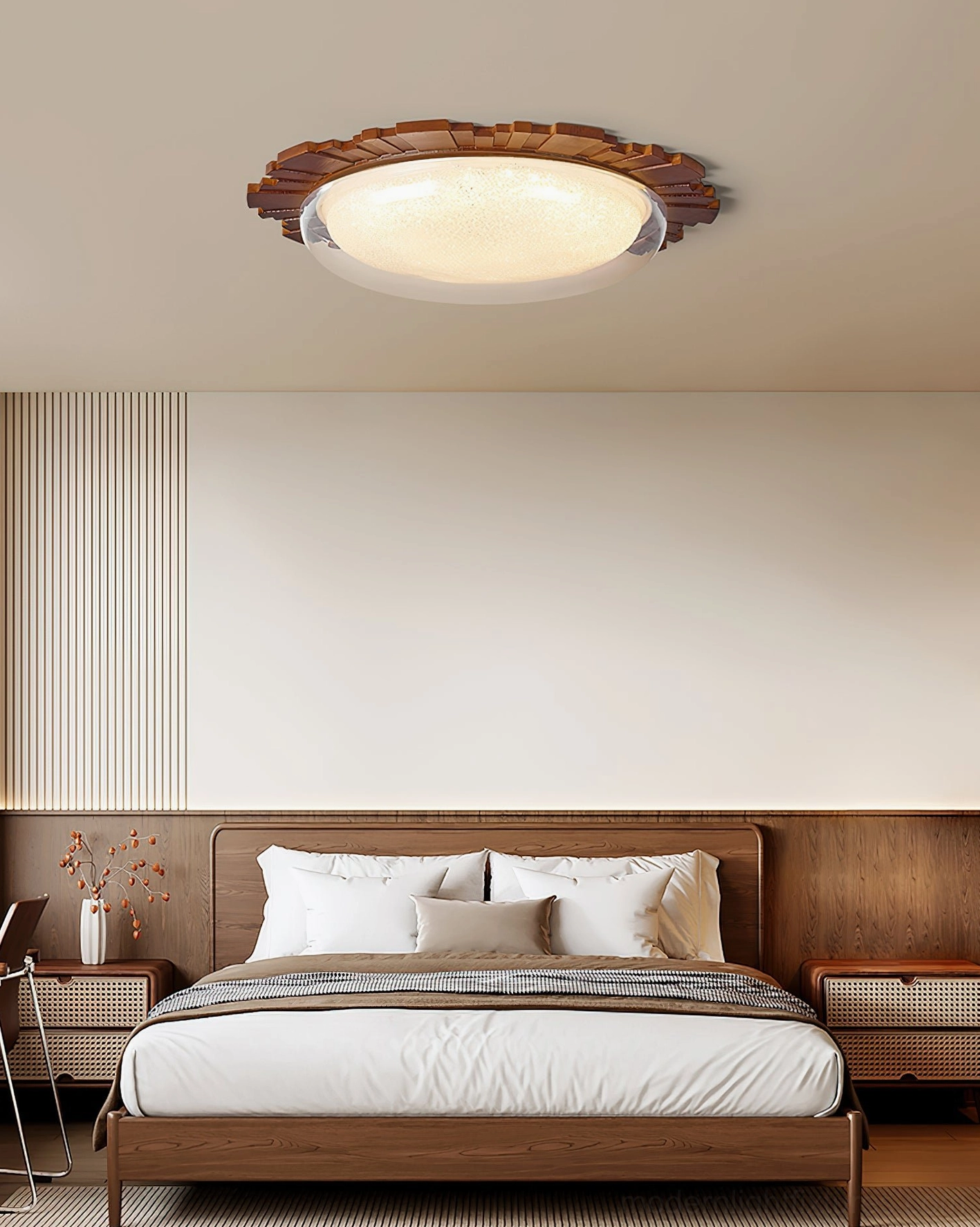 Rivara wooden ceiling light installed in modern walnut bedroom, overhead perspective showing warm ambient illumination