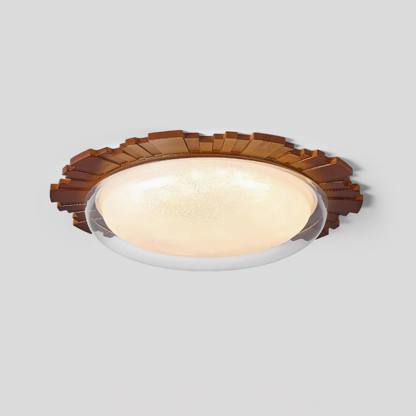 Rivara close-up ceiling lamp with bright glowing warm light, detailed wood grain and radiating sunburst design