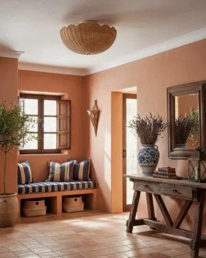 Boho rattan ceiling light installed in Mediterranean sitting room - soft warm illumination with natural woven texture