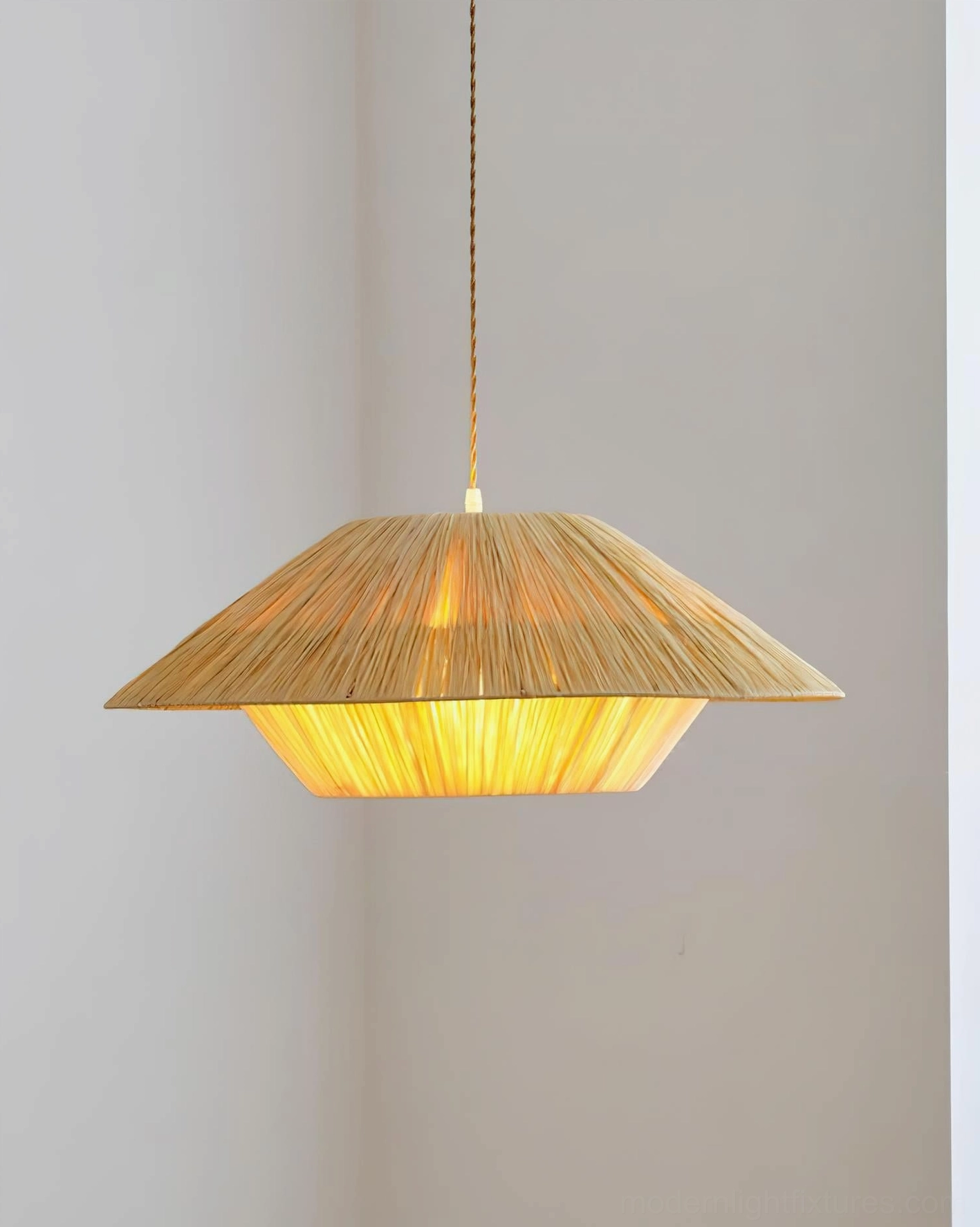 Rivora pendant lamp medium 60cm size with warm wood ceiling mount and natural fiber shade