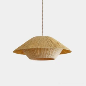 Rivora natural woven raffia pendant light - front studio view of modern boho hanging lamp with organic weave shade