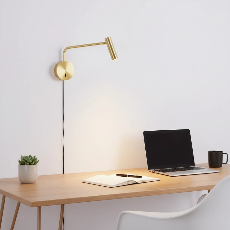 Rizo reading lamp warm gold tone mounted above home office desk for task work