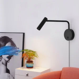 Rizo plug-in wall lamp with pivoting L-arm mounted beside bedroom nightstand for reading