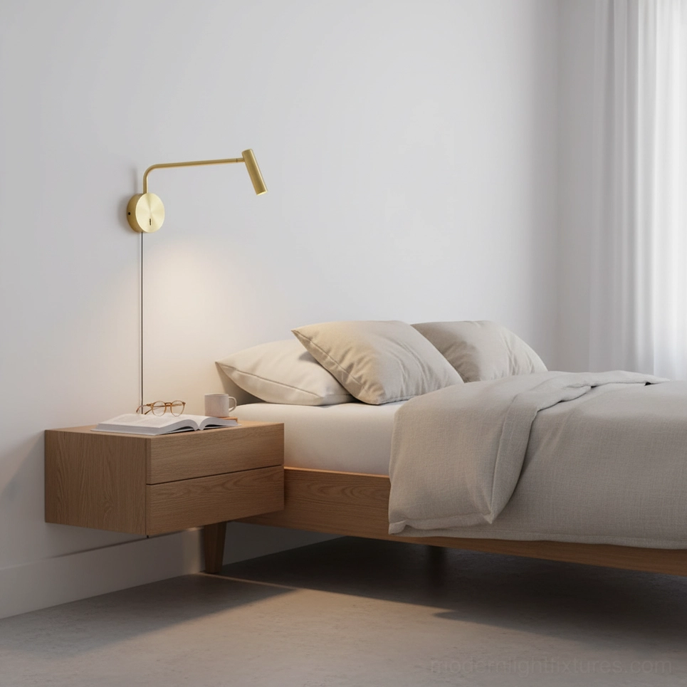 Rizo wall-mounted reading lamp creating focused beam in contemporary bedroom interior