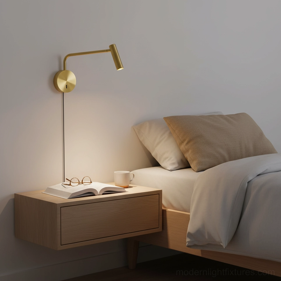 Rizo wall sconce brass gold finish creating warm task lighting beside bedroom bed