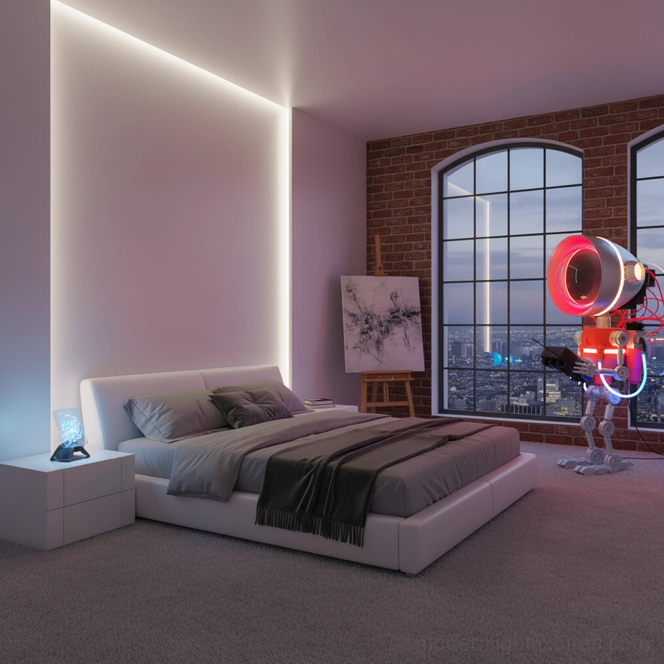 Robot floor lamp black color option sculptural standing light detailed view