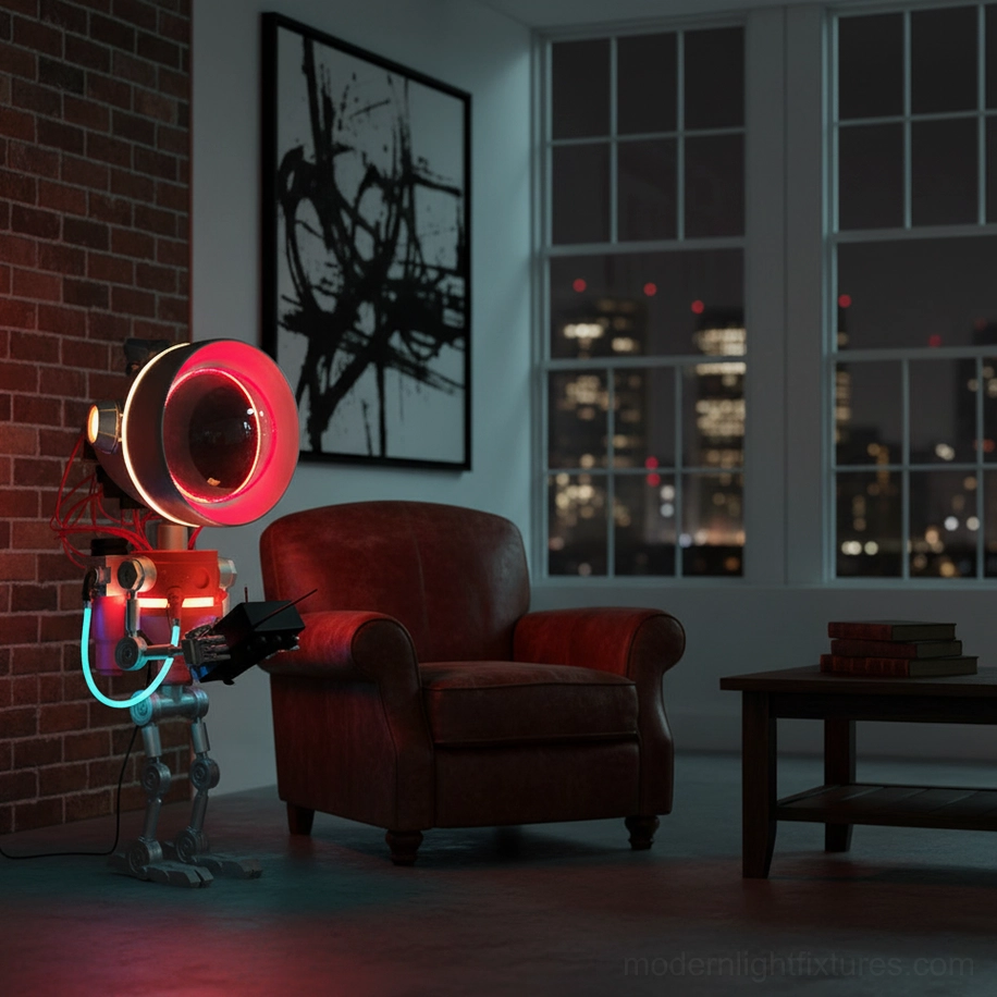 Sculptural robot floor lamp cozy living room leather armchair night lighting