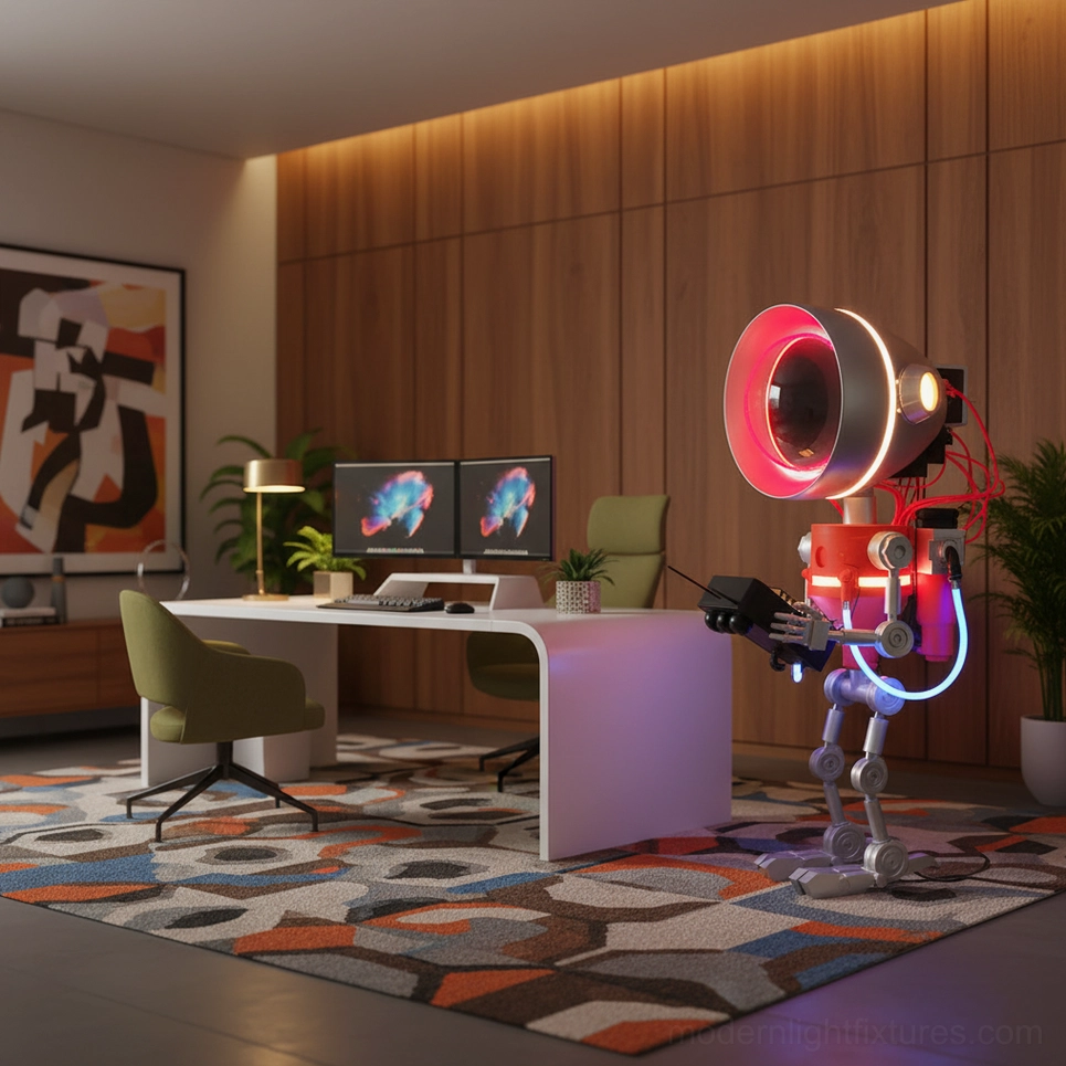 Robot floor lamp modern home office workspace dual monitors contemporary design