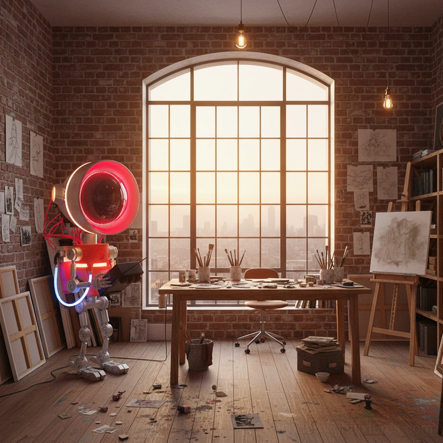 Robot floor lamp industrial art studio brick wall contemporary design