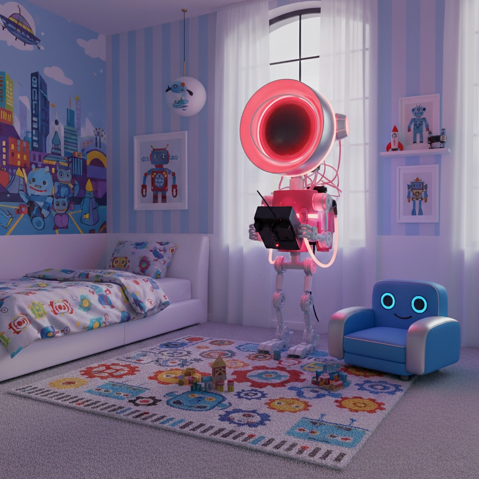 Modern robot floor lamp in children's bedroom with red neon lighting beside bed