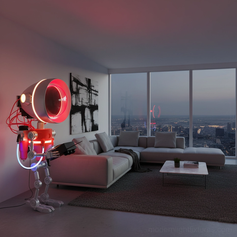 Sculptural robot floor lamp side view modern living room ambient lighting