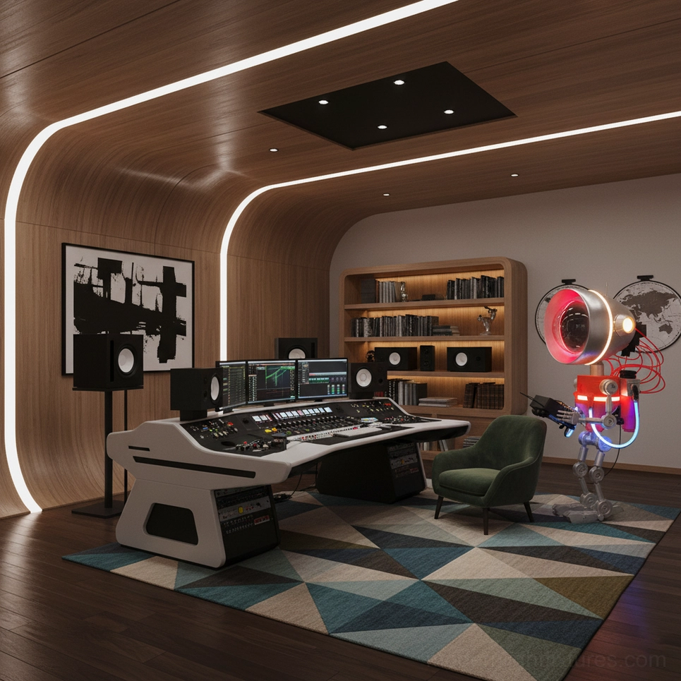 Robot floor lamp professional audio studio mixing console modern interior