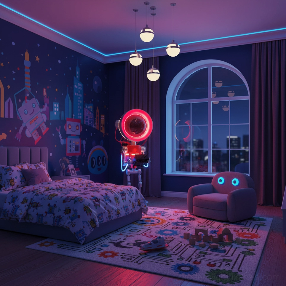 Modern robot floor lamp purple ambient lighting minimalist bedroom interior