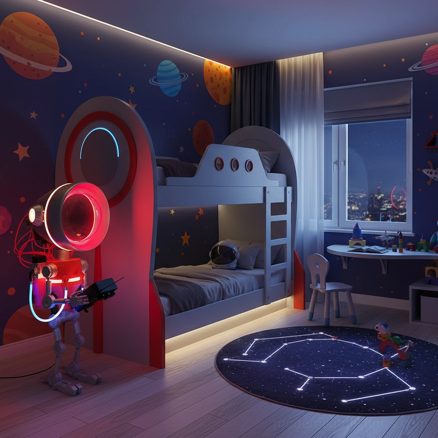 Robot floor lamp space-themed bedroom cosmic decor red neon accents